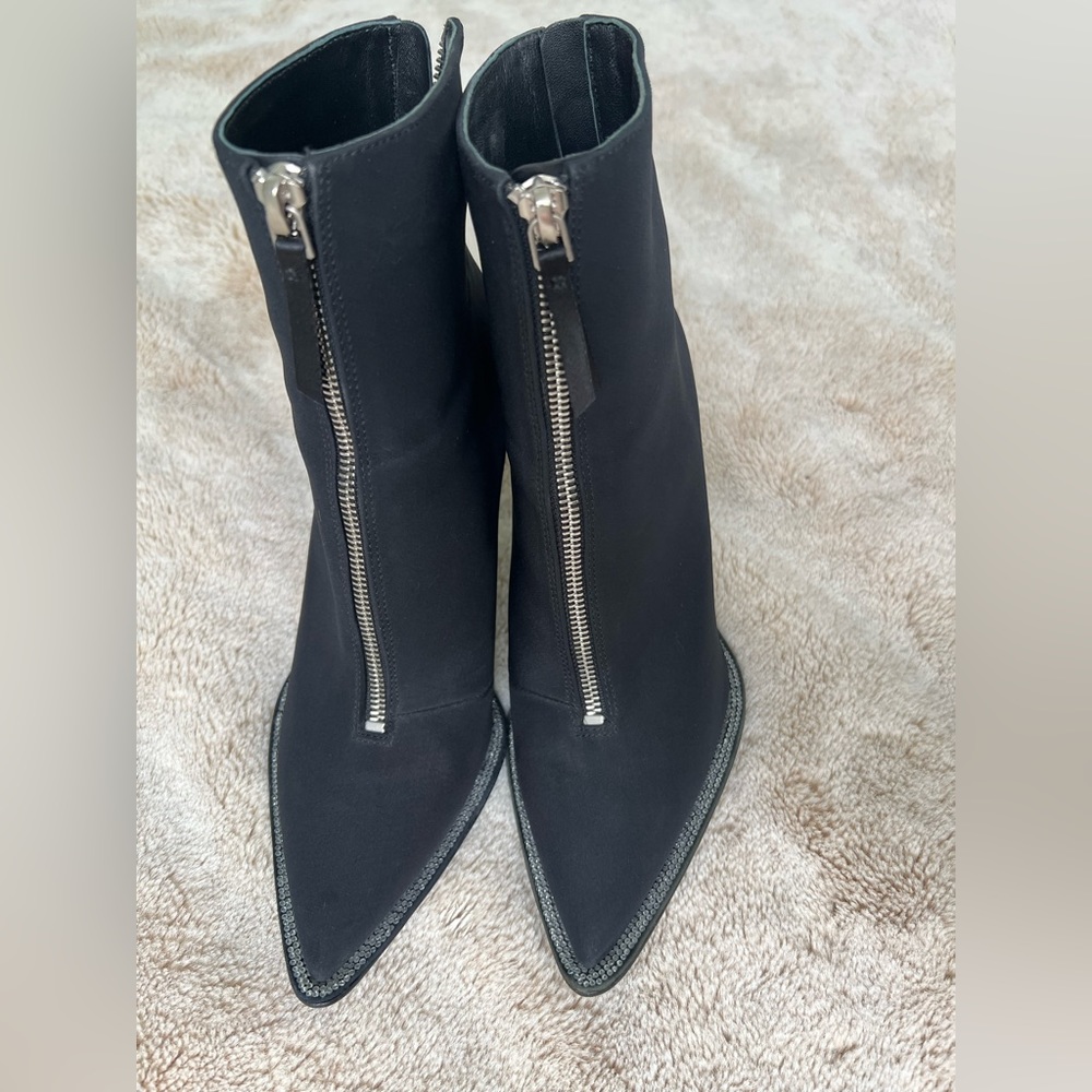 Alexander Wang  Eri Booties  Black Nylon ankle boots Size 37 rhinestone trim